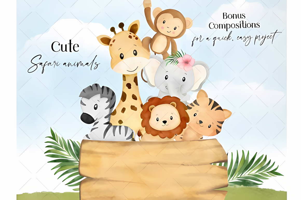 Nineteen separate zebra, lion and giraffe elements over a sky backdrop in safari animals watercolor clipart
