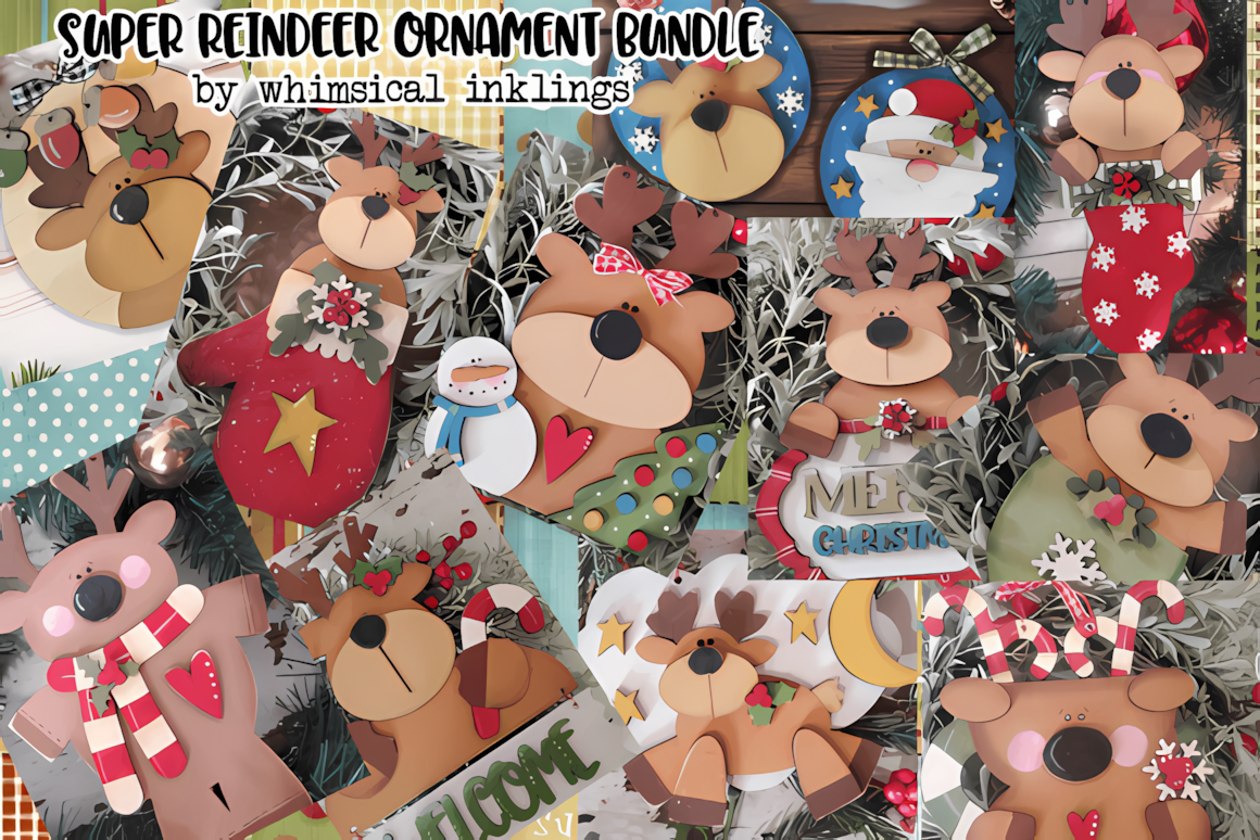 Twelve magical antlered ornaments with decorative patterns in a reindeer ornament laser cut svg bundle