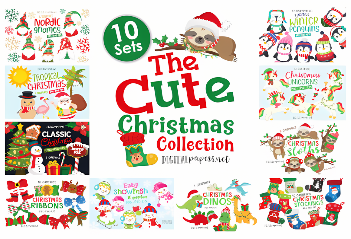 Baby snowmen, gnomes, stockings and penguins from a ten-theme collection of cute christmas clipart