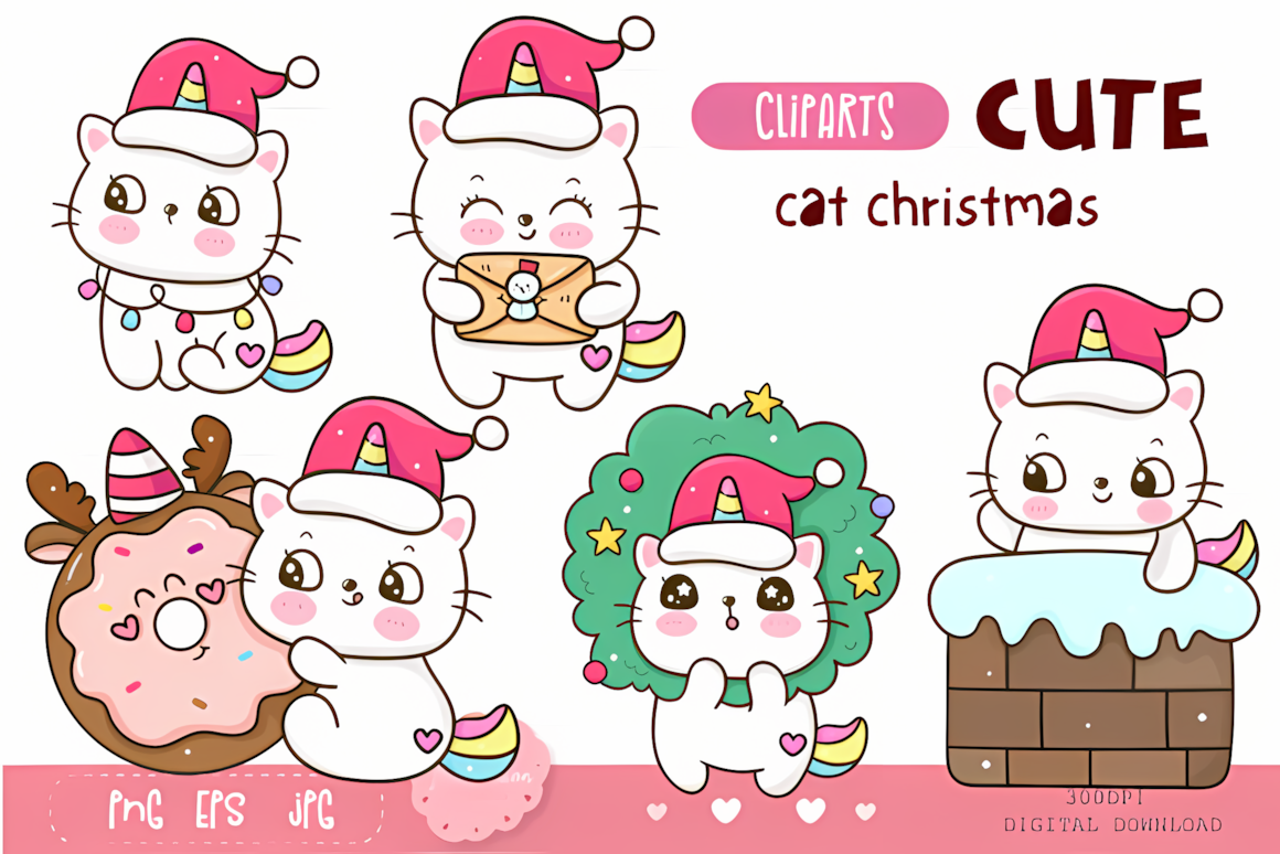Cheerful unicorn kitten with a glittering horn from a kawaii christmas cat clipart pack