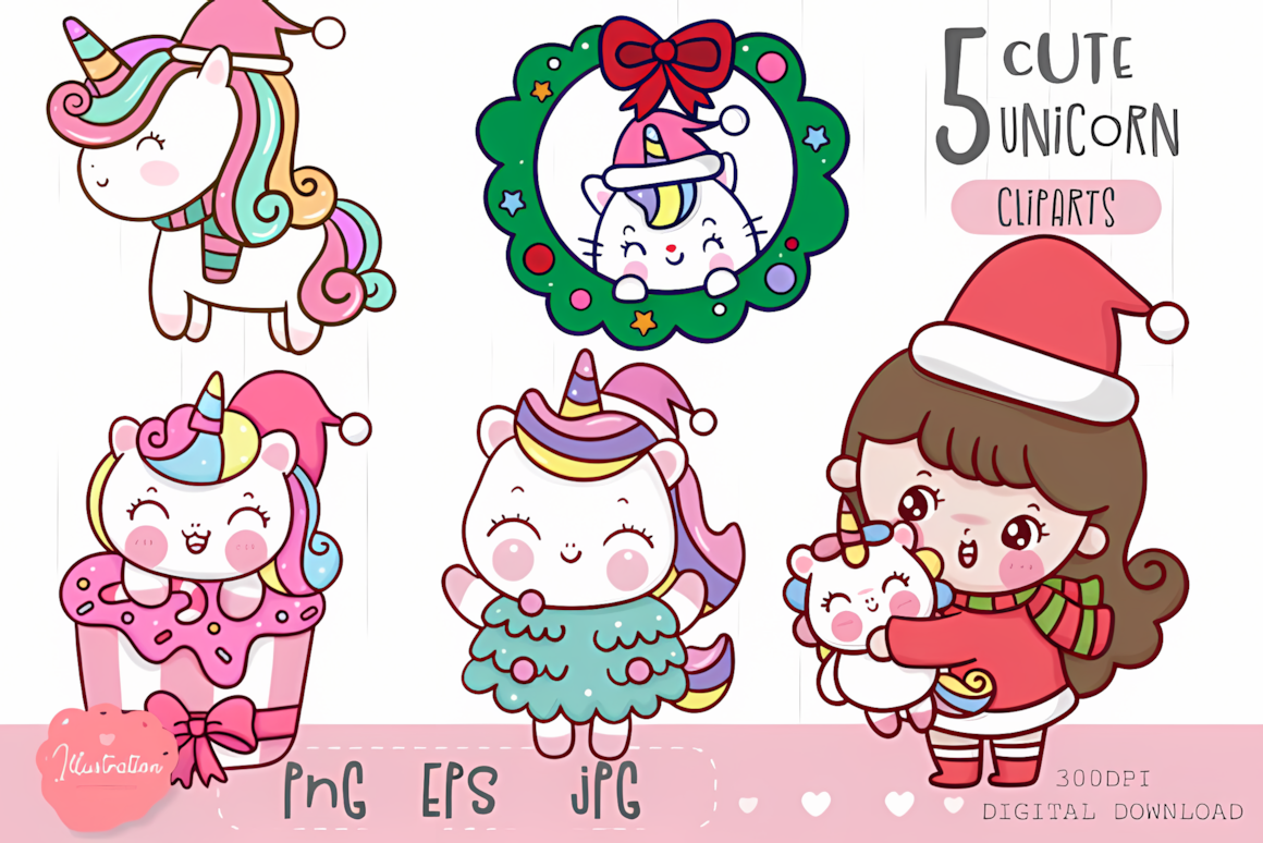 Rainbow-maned unicorn pony with a festive wreath in kawaii christmas clipart for stickers