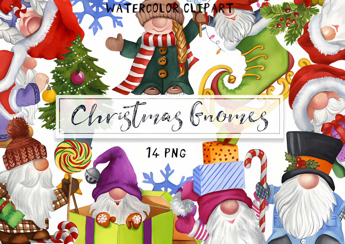 Bearded gnomes with pointed hats in a hand painted watercolor cute christmas png set