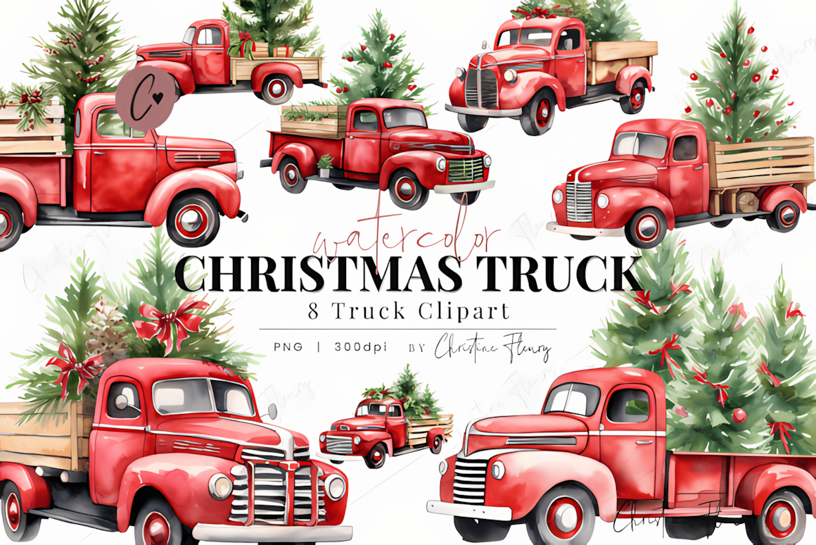 christmas truck clipart in gentle watercolor tones for home decor