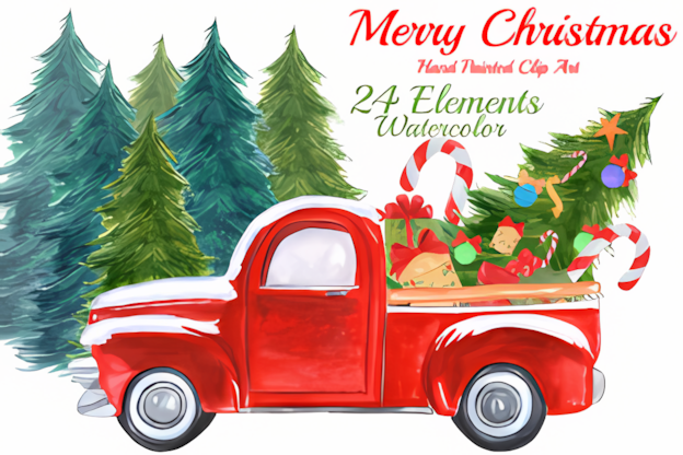 christmas truck clipart painted by hand in 24 delicate elements