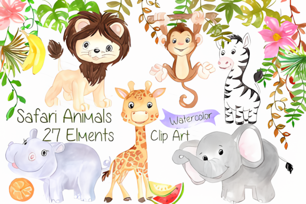 Cheerful zebra, hippo and elephant with bright leaves in a watercolor safari clipart pack for kids