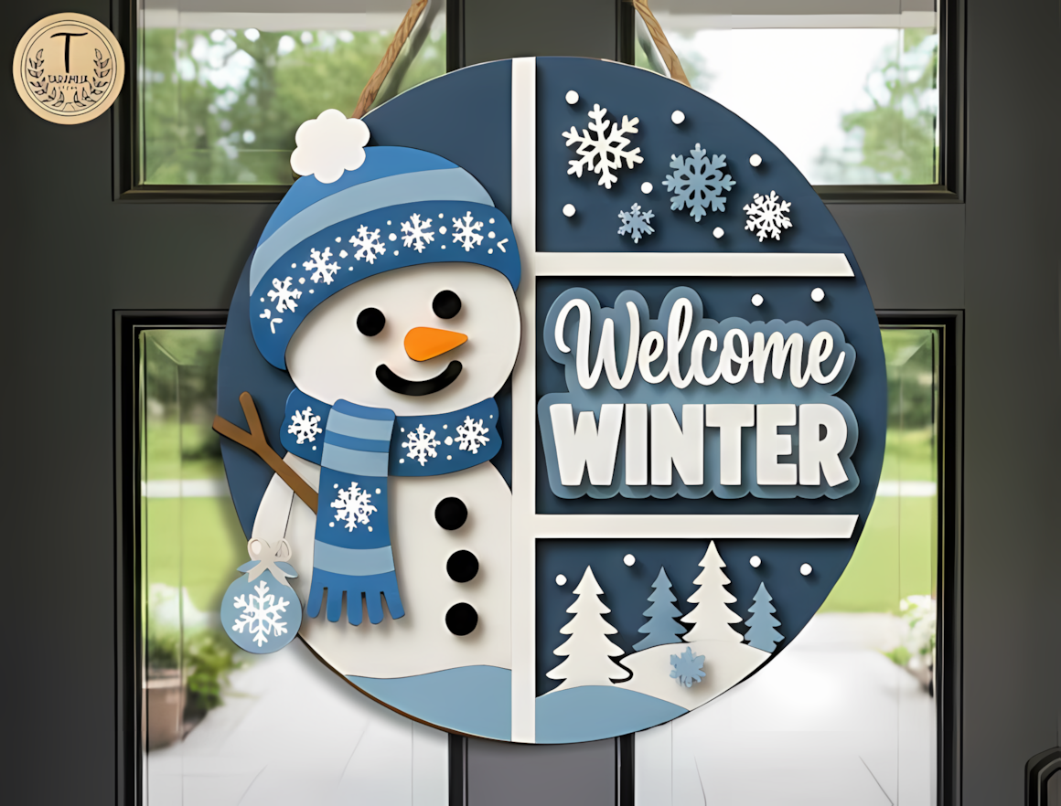 Cut letters spelling a cheerful greeting on a winter door hanger svg framed by pine twigs