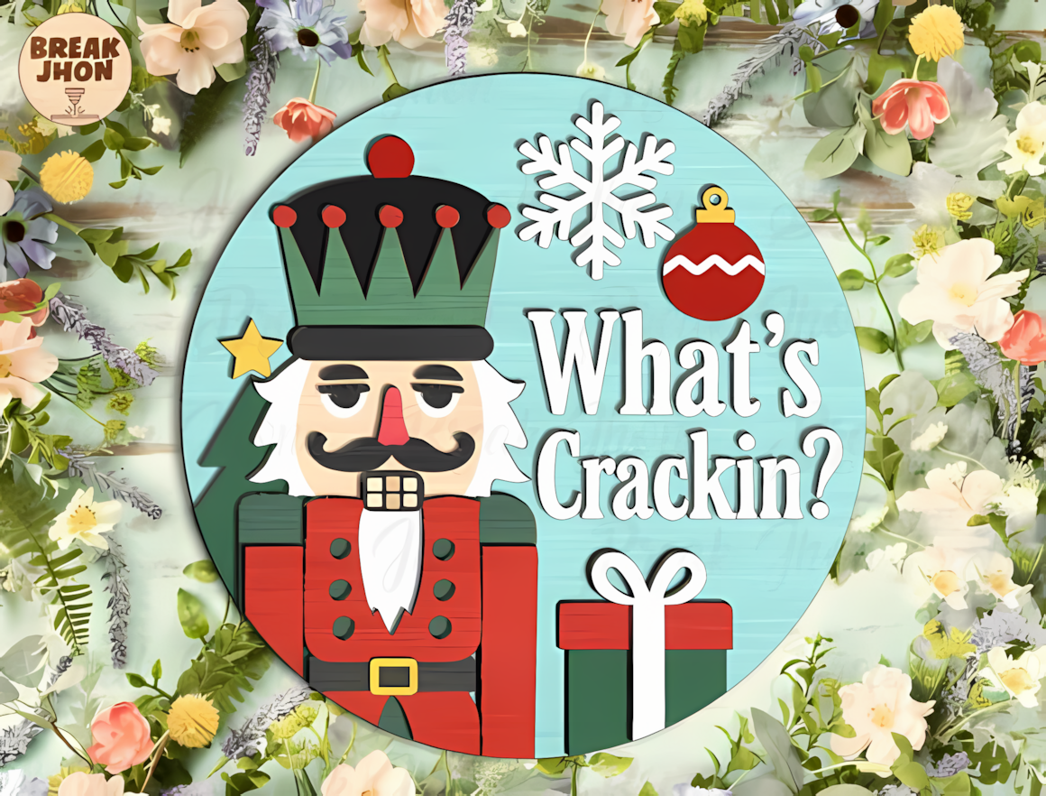 christmas round door hanger svg featuring a nutcracker soldier, ornament and wrapped gift