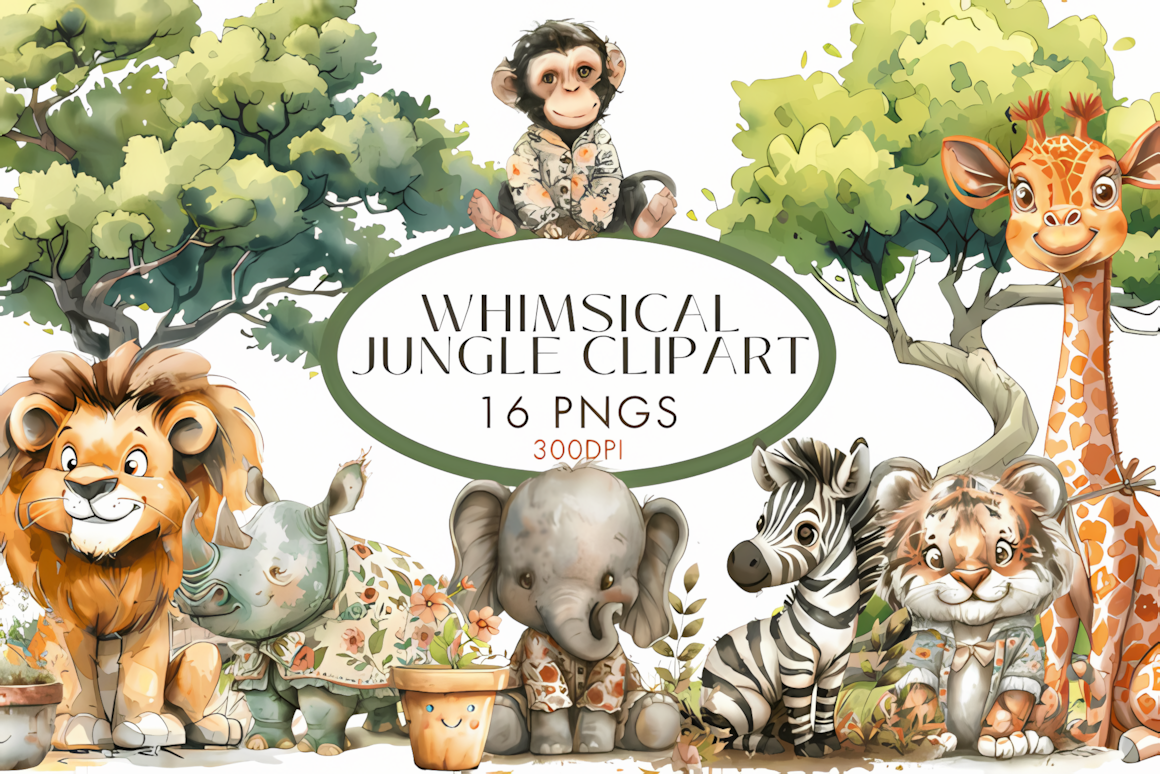Dreamy zebra and giraffe with whimsical patterned details in a safari animals watercolor clipart set