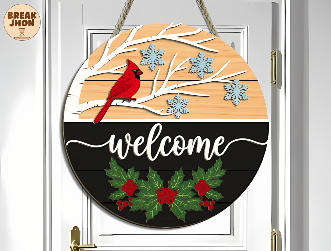 Red bird perched on a snowy branch in a winter door hanger svg with a round plaque and bow