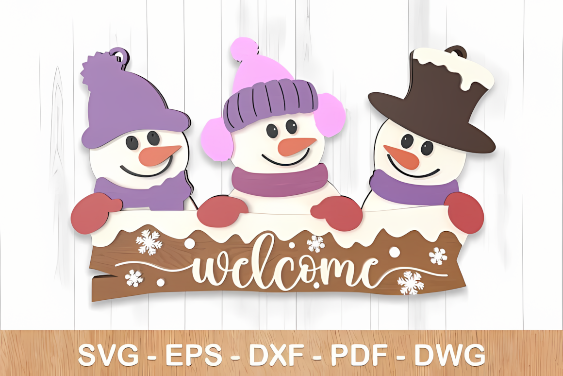 Carrot-nosed character with stick arms on a snowman welcome sign laser cut for a snowy doorstep
