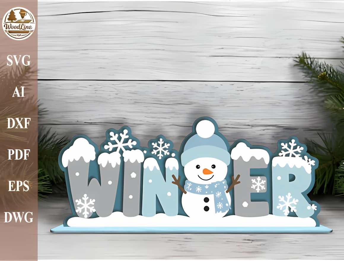 Small standing figure with a scarf on a winter sign laser cut displayed on a cozy shelf